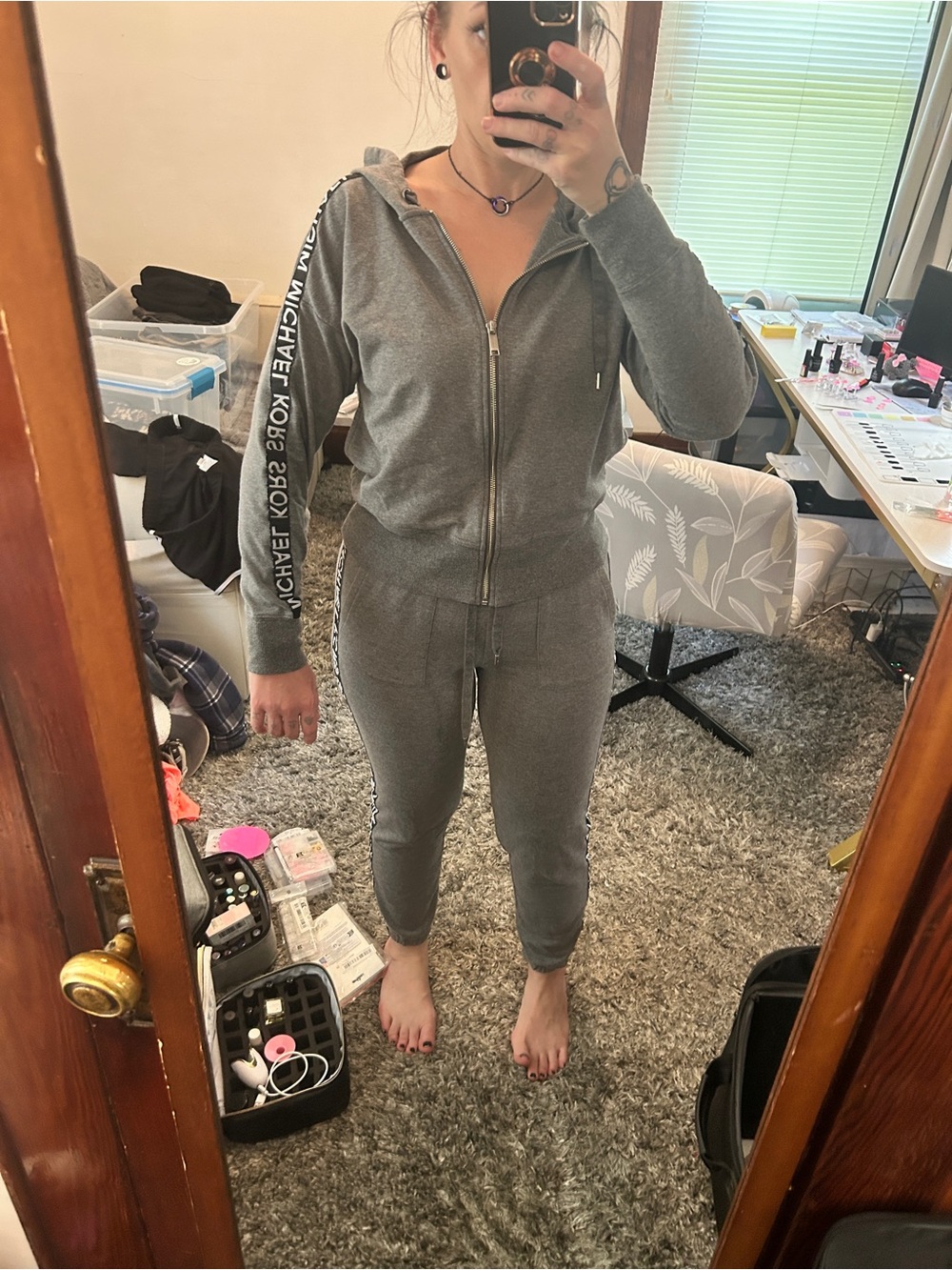 Michael Kors Gray Zip-Front Hoodie Jumpsuit